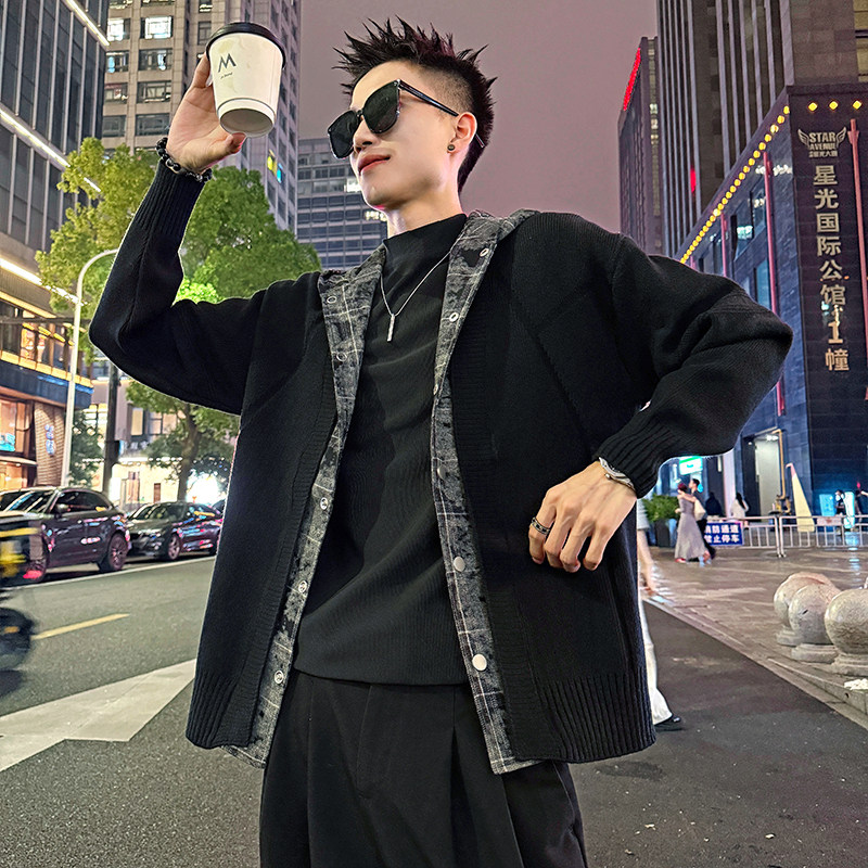 MC200/P110控150毛衣假两件格子带帽开衫针织外套男4,男装针织衫/毛衣,电商A256