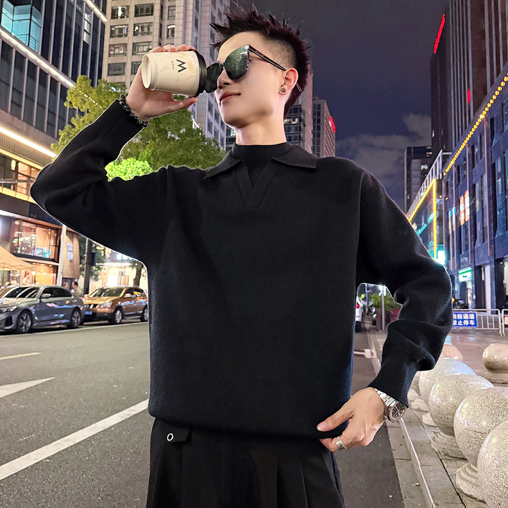 MC206/P88控118假两件双领毛衣帅气简约纯色百搭针织打底衫男2,男装T恤,电商A256