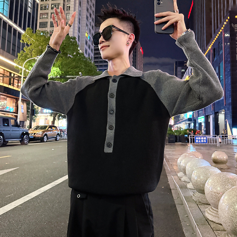 MC203/P88控118插肩袖排扣毛衣帅气个性撞色针织打底衫男3,男装T恤,电商A256