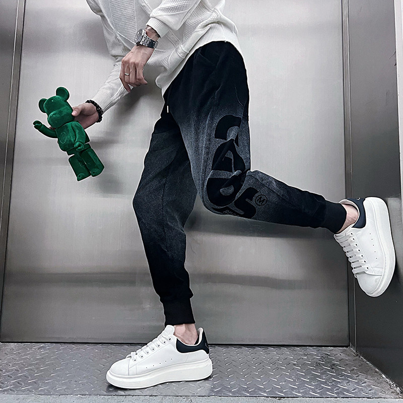K23/P85控115青少年小伙雪尼尔大字母提花痞帅束脚哈伦裤长裤男,男装休闲裤,电商A256