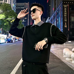 B166/特P68控98高级感格子翻领袖弯线圈卫衣长袖男4图片