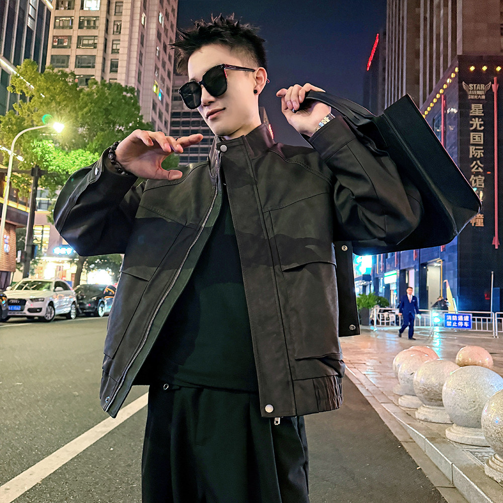 J185加绒/特P158控208插肩袖斜插订扣加绒机车服皮衣外套男1,男装皮衣,电商A256