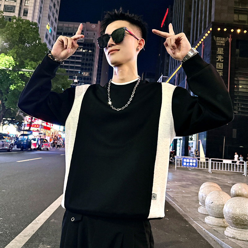 B162/P68控98假两件领拼接撞色圆领卫衣长袖男1,男装卫衣,电商A256