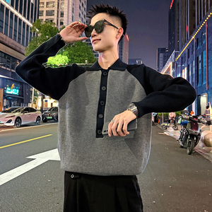MC203/P88控118插肩袖排扣毛衣帅气个性撞色针织打底衫男3