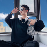 B73/P58控78青少年设计师感拼接撞色口袋痞帅卫衣长袖套头男黑，男装卫衣，电商A256