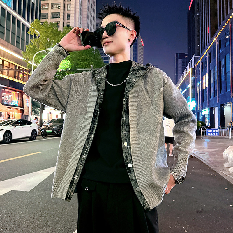 MC200/P110控150毛衣假两件格子带帽开衫针织外套男1,男装针织衫/毛衣,电商A256