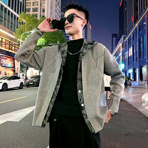 MC200/P110控150 毛衣假两件格子带帽开衫针织外套男1图片