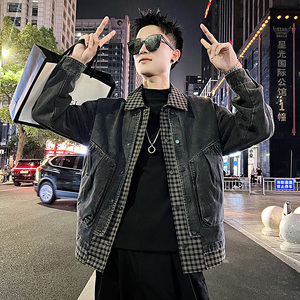 J109/P155控205痞帅小伙假两件格子拼接牛仔夹克外套男图片