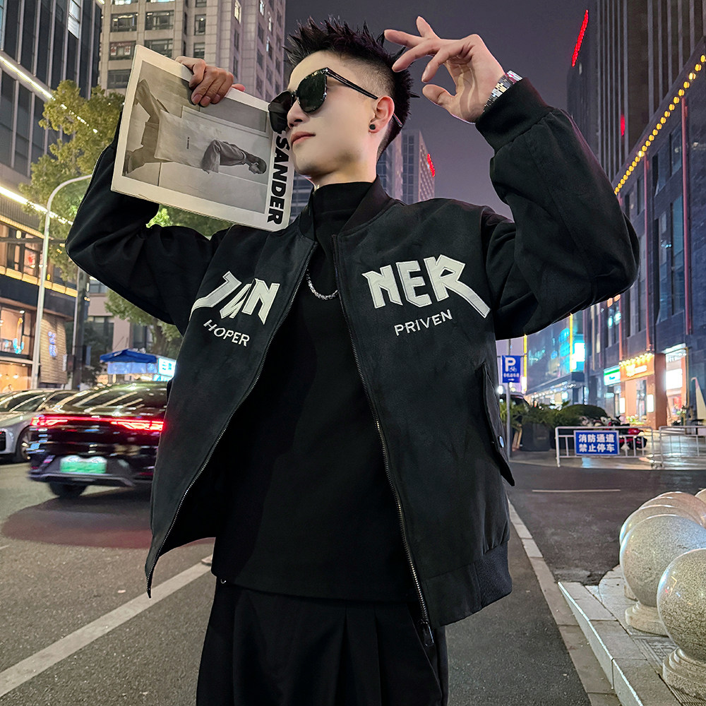 J196/P98控145棒球领暗纹贴布刺绣字母外套夹克男1，男装夹克，电商A256