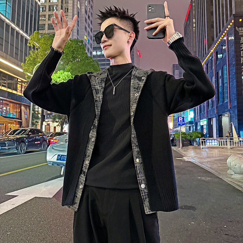 MC200/P110控150毛衣假两件格子带帽开衫针织外套男3,男装针织衫/毛衣,电商A256