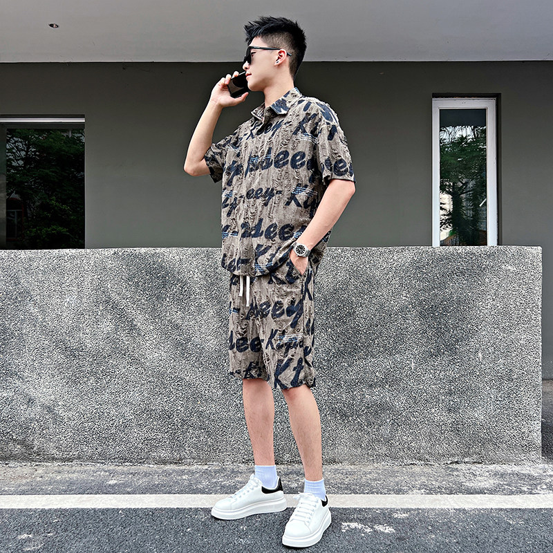 FT12-P98控138烫钻破洞大字母衬衫短裤套装男韩版拼色绿1,男装休闲套装,电商A256