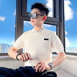 T209-P58控78翻领贴标针织短袖横条纹男白1，男装T恤，电商A256