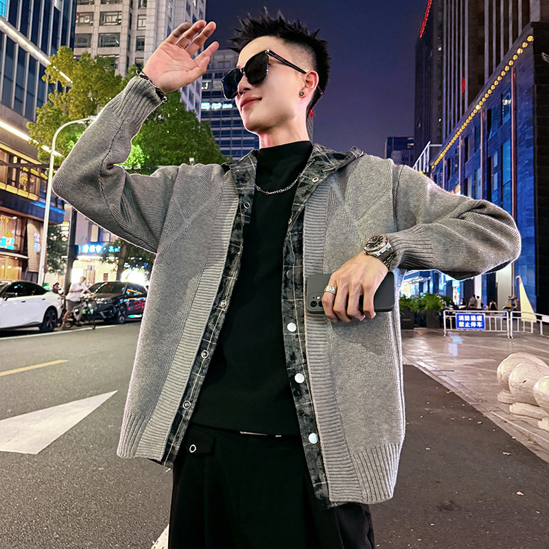 MC200/P110控150毛衣假两件格子带帽开衫针织外套男2,男装针织衫/毛衣,电商A256