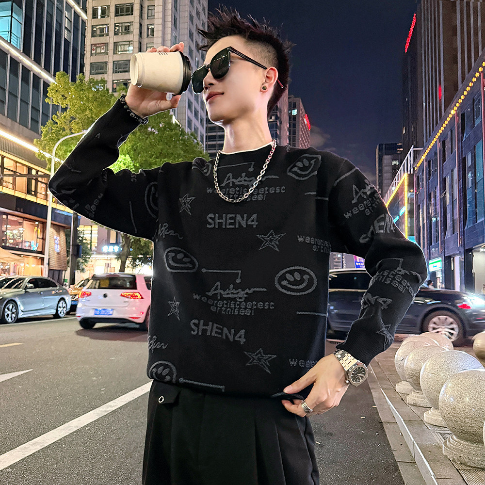MC217/P78控108假两件领提花字母卡通个性毛衣针织打底衫男4,男装T恤,电商A256