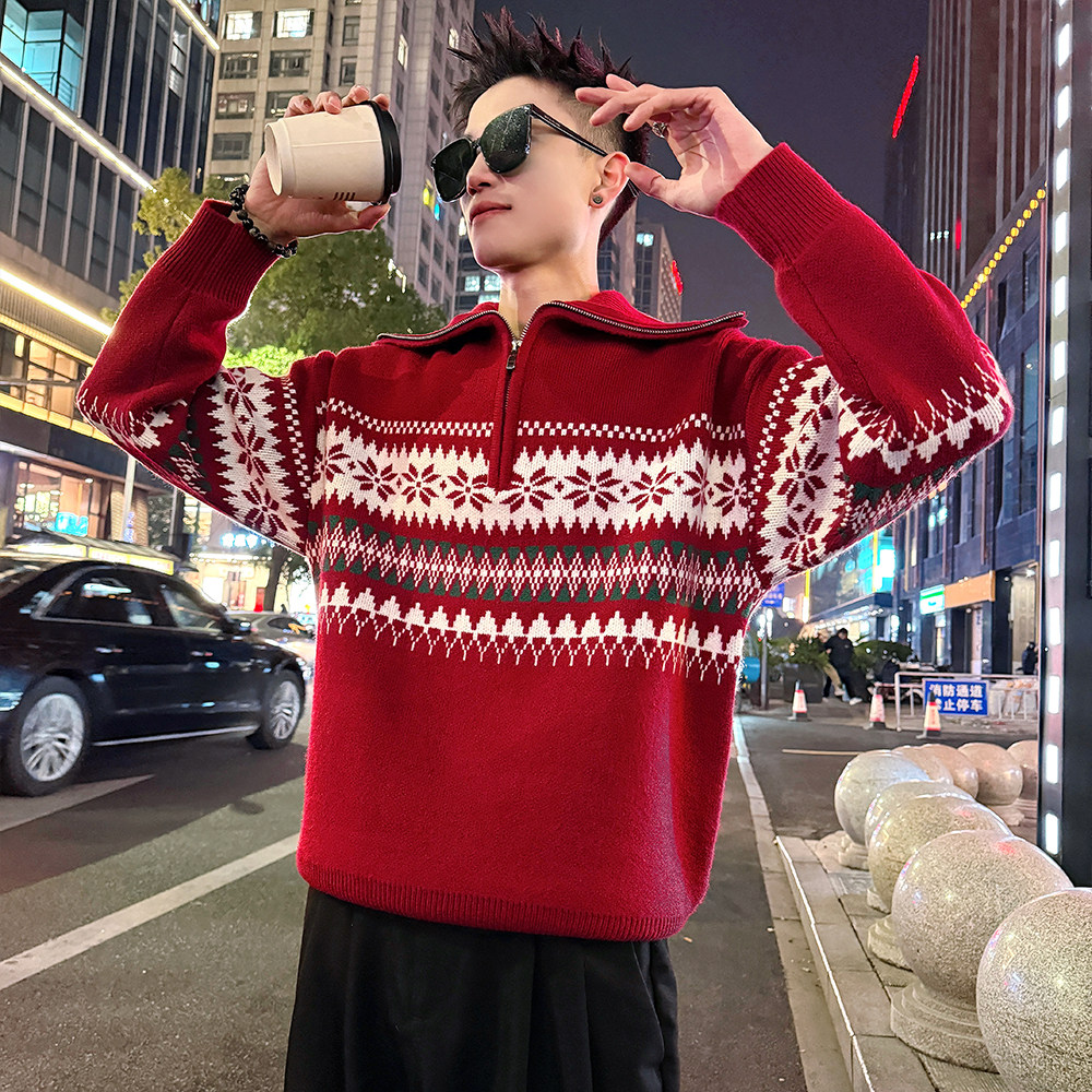 MC220/P108控148 高品质半拉链高领圣诞款毛衣针织打底衫男3图片