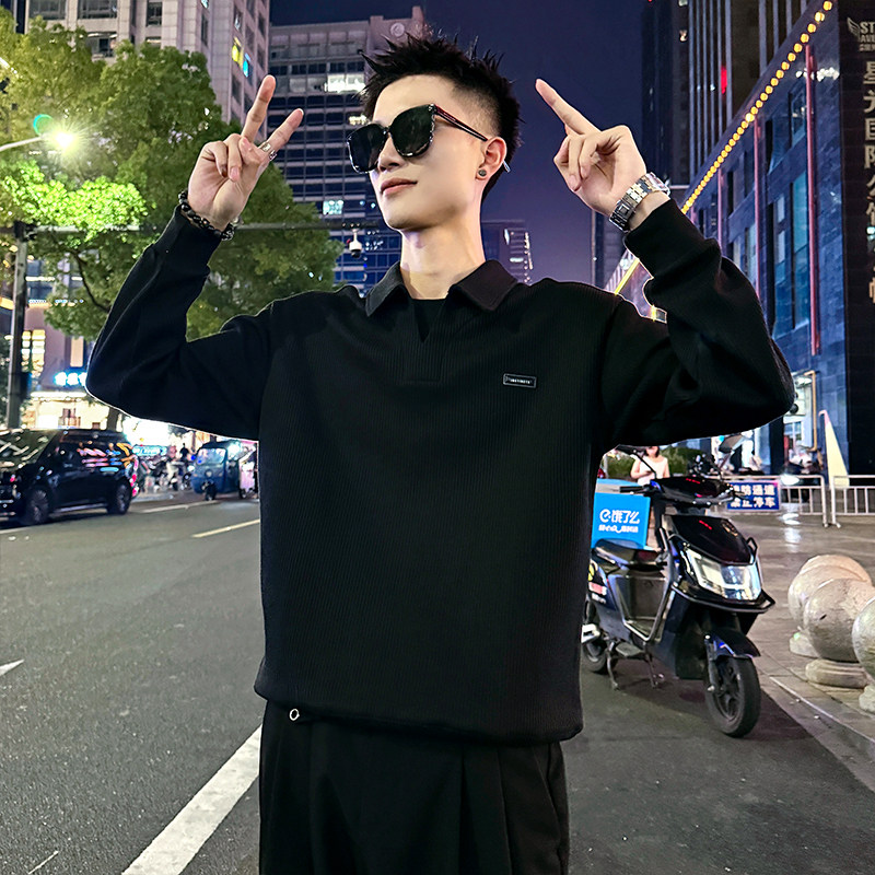 B159/P68控98华夫格翻领百搭假两件卫衣长袖男3,男装卫衣,电商A256