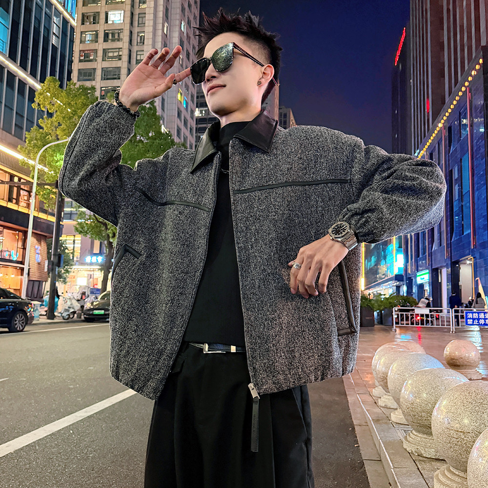 A192/特P158控208皮领压条花灰呢料夹棉结构织带加厚保暖外套男2,男装棉衣,电商A256