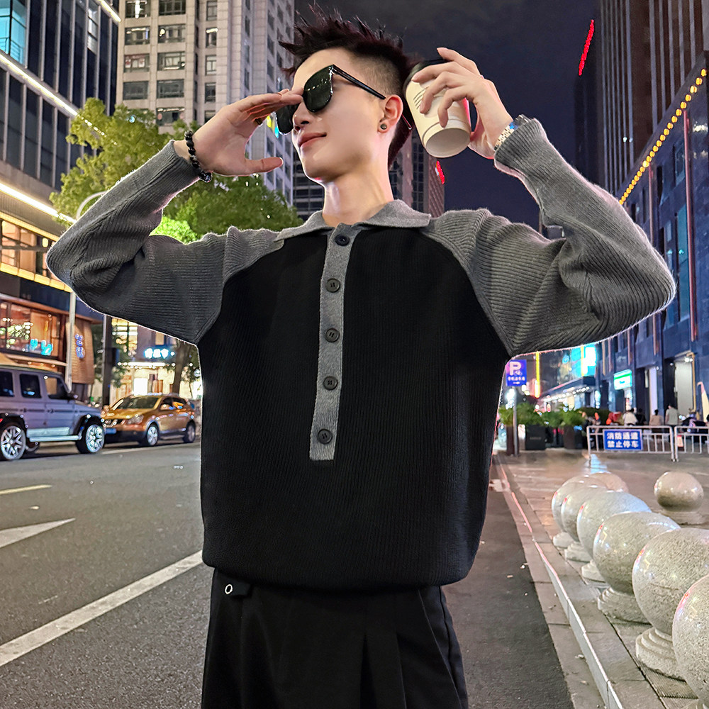 MC203/P88控118插肩袖排扣毛衣帅气个性撞色针织打底衫男2,男装T恤,电商A256