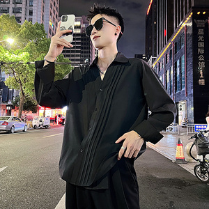 S556/P68控98痞帅小伙韩版高级感深V打褶个性衬衫外套男黑夜景图片