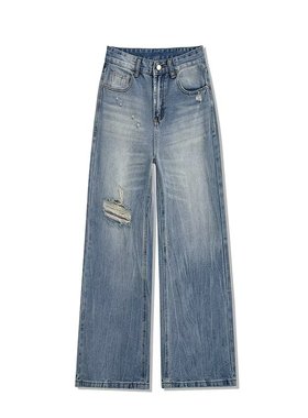 大码复古蓝色破洞牛仔裤女2025春夏胖mm宽松高腰显瘦直筒阔腿裤子