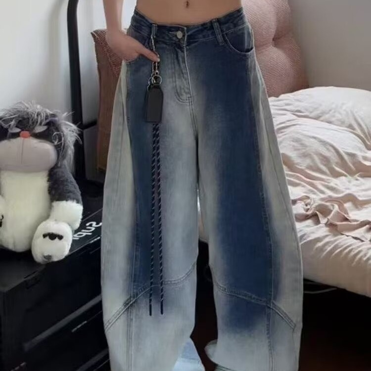 美式复古渐变水洗弯刀牛仔裤女2025秋季新款街头辣妹廓形阔腿长裤