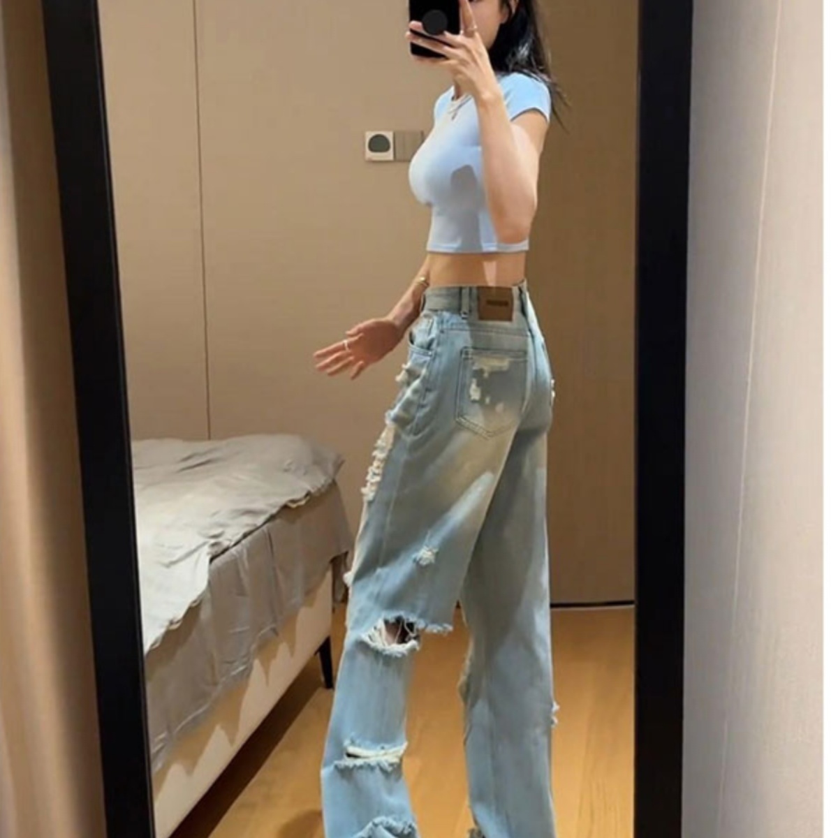 高个子裤长170美式破洞牛仔裤女浅色高腰辣妹休闲直筒阔腿乞丐裤