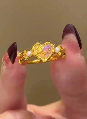 18k金色仿珍珠爱心戒指金店同款少女心公主精致指环高级感送女友