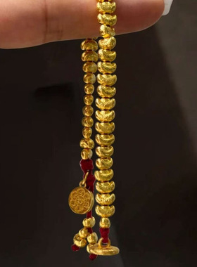 真金24K电镀强保色金店同款古法小元宝黄财神编织红绳盘缠手链