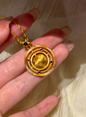 真金24K电镀强保色中古浪漫拉丝小星球项链可旋转吊坠百搭毛衣链