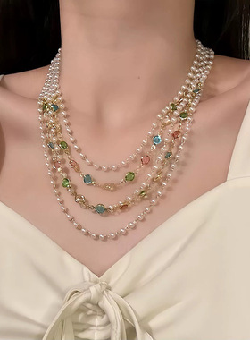 多层珍珠串珠时尚简约项链复古宫廷风锁骨链轻奢高级感项饰批发女
