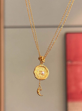 小红书爆款中古不规则圆环吊牌珍珠吊坠半月花朵跑环项链一件