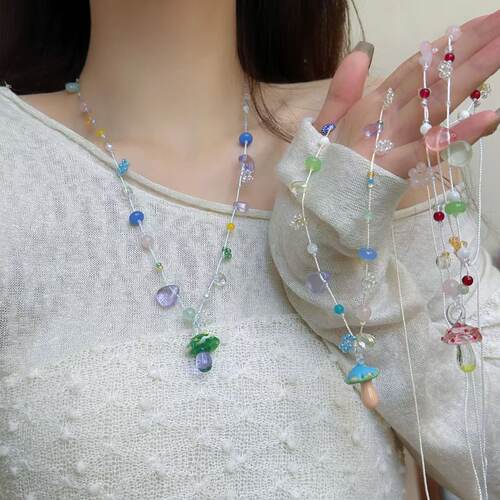 原创手作蘑菇琉璃串珠可调节绳链串珠项链女小众设计感高级锁骨链