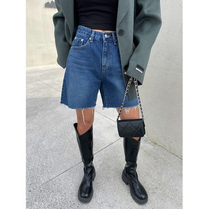 韩国东大门夏季 复古简约百搭休闲宽松型直筒裤毛边五分裤潮女