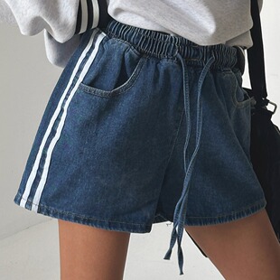 女 松紧腰复古抽绳系带弧边拼条纹牛仔短裤 韩国东大门 ins网红