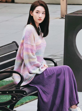 2025秋冬新款王玉雯明星同款毛衣女宽松慵懒风彩虹渐变圆领针织衫