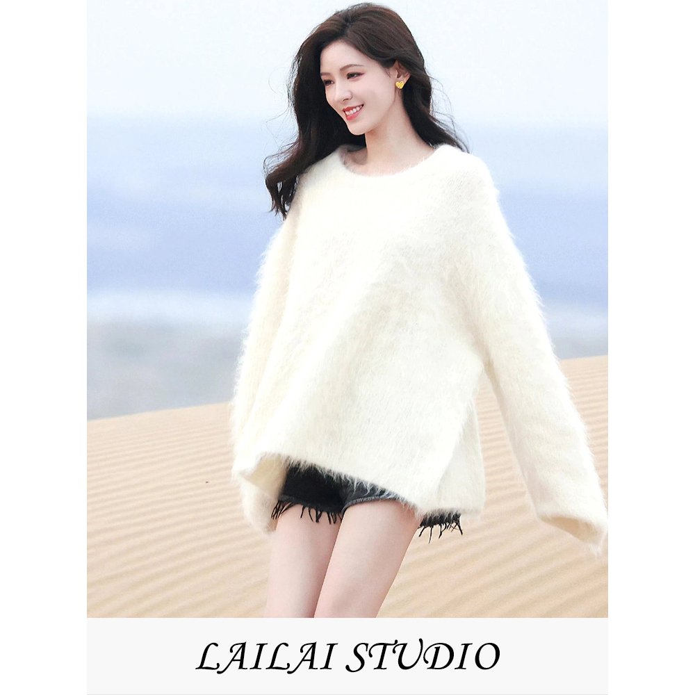 白色毛衣女软糯宽松毛绒针织衫