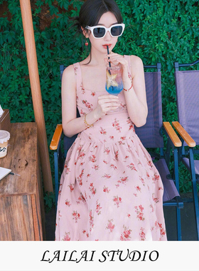 2025年夏季新款毛晓彤明星同款法式小众长裙度假风碎花吊带连衣裙