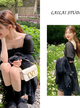 夏季新款高允真赵露思明星同款一字肩方领复古泡泡袖波点连衣裙女