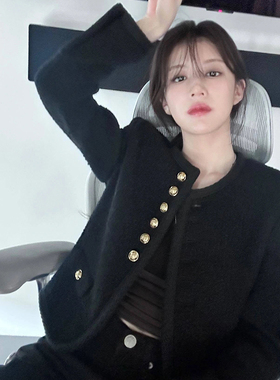 2025秋冬新款高允真明星同款黑色小香风短外套高级感气质开衫外套