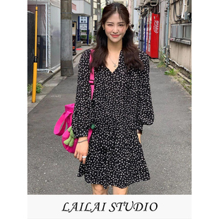 复古法式风小黑裙2025新款女装韩版小个子宽松慵懒长袖碎花连衣裙