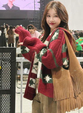 费尔岛风红色毛衣女复古提花连帽拉链针织开衫外套圣诞