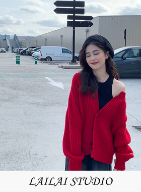 慵懒风新年红色针织开衫2025秋冬新款法式复古宽松软糯毛衣外套女