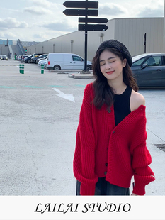 慵懒风新年红色针织开衫2025秋冬新款法式复古宽松软糯毛衣外套女