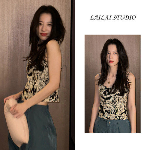 花卉印花无袖背心甜辣风吊带背心