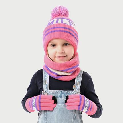 男童女童毛球帽子围巾手套三件套秋冬季儿童加绒保暖针织围脖套装