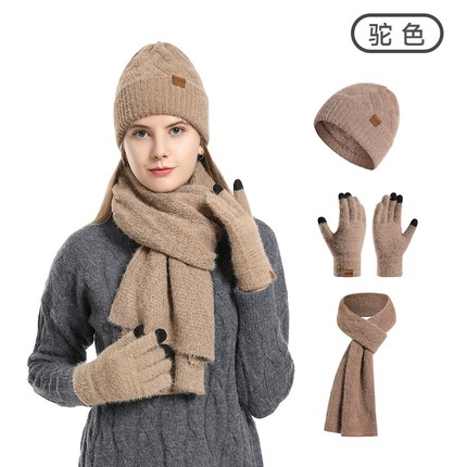 25新款冬季男女围巾帽子手套毛线针织帽加厚加绒保暖三件套装礼盒