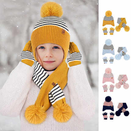 秋冬季男童女童宝宝条纹保暖加绒针织毛线帽子围巾手套三件套装