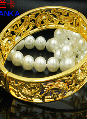 镀黄金手镯女镂空花喜鹊新娘镯子宽镀金手环按扣镀沙金婚庆首饰品