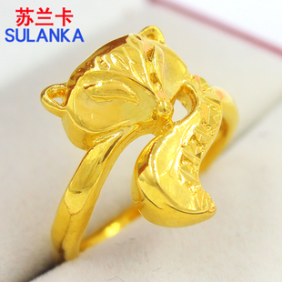 镀沙金戒指开口女士镀金指环可爱小狐狸尾戒学生潮流时尚首饰品