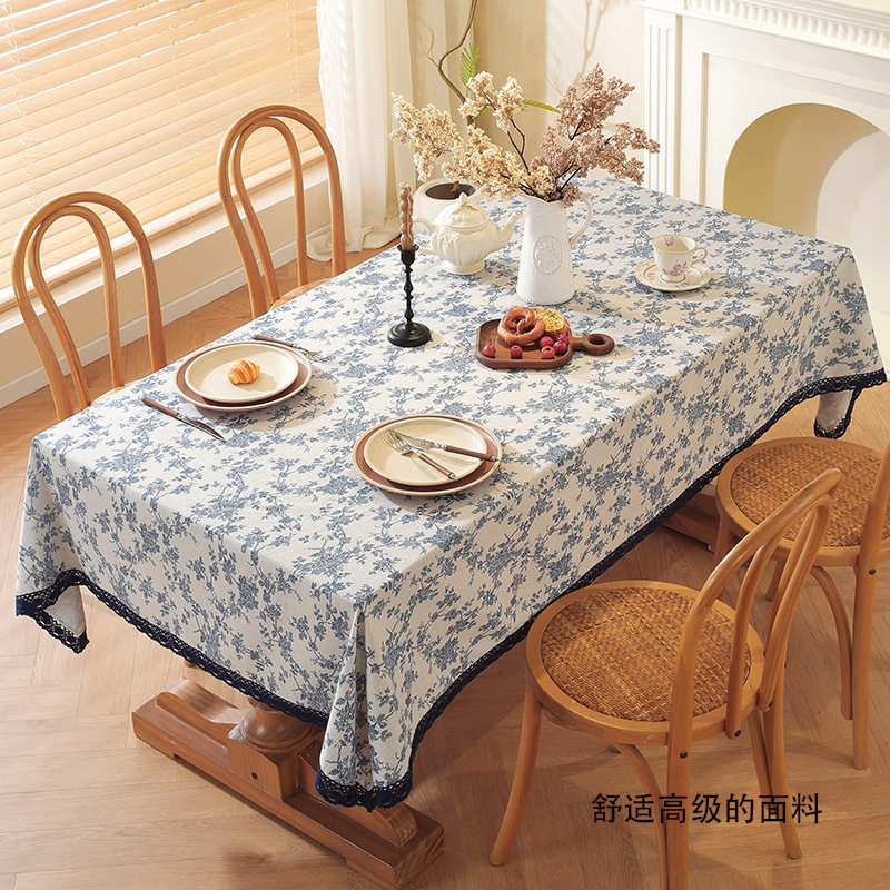 蓝色玫瑰花朵印花桌布新中式青花蕾丝花边棉麻餐桌布艺田园风盖巾,居家布艺,桌布,淘宝优惠券,粉丝福利购,淘宝优惠卷